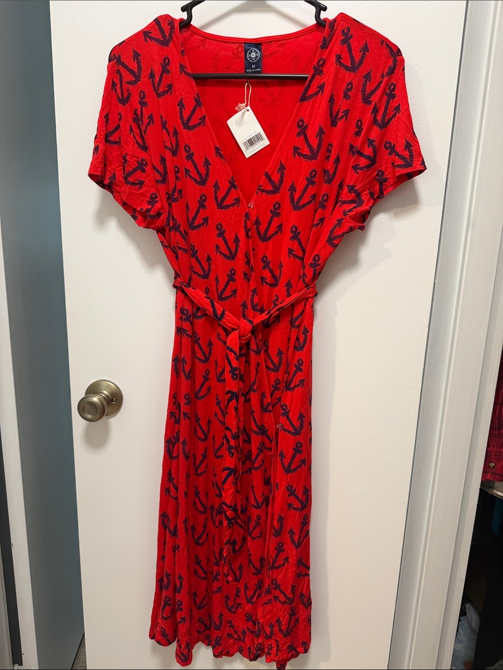 Red Anchor-Print Wrap Maxi Dress with Tie Waist